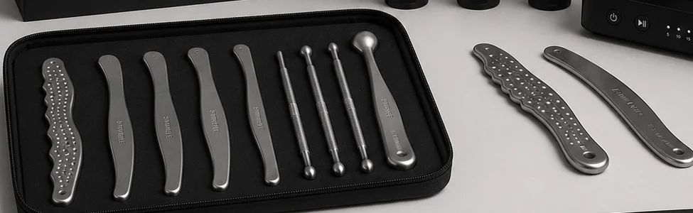 Trousse zippée de neuf instruments et deux grandes lames, posées à plat