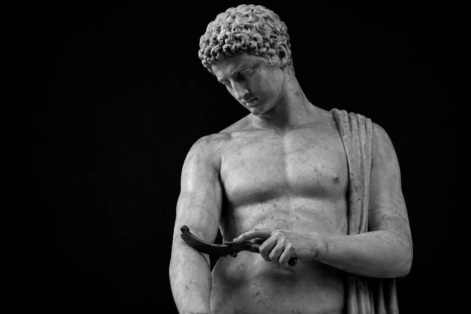 Statue de marbre d’un athlète passant un strigile de bronze sur son avant-bras, sur fond noir