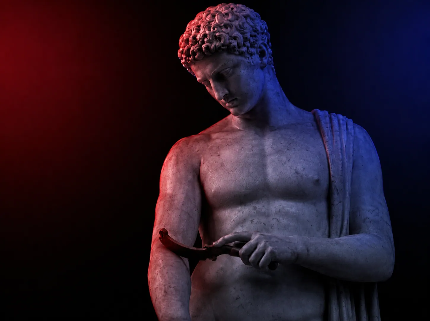 La même statue au strigile, éclairée en néon rouge et bleu